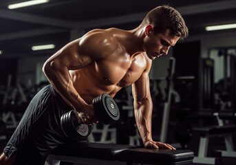 Muscular man performing a dumbbell row exercise in a dimly lit gym focusing on back and bicep development