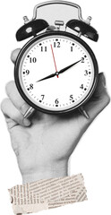 Modern collage with halftone hand holding alarm clock