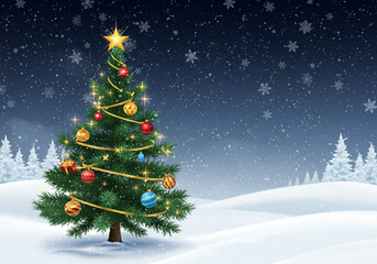 A christmas tree adorned with ornaments and a star stands in a snowy landscape under a starry sky
