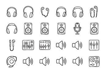 Hand Drawn Music and Audio Equipment Icons Vector Collection Set for Creative Projects and Designs