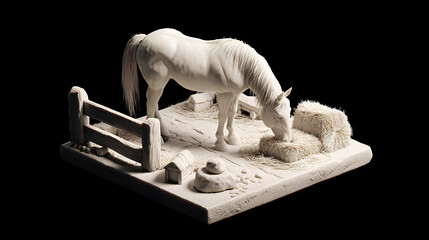 isometric horse statue made of clay on a black background
