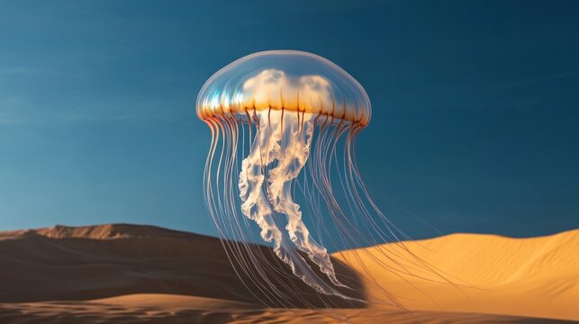 Dreamlike Jellyfish Floating Above a Desert Landscape, Fantasy Image