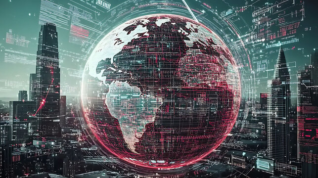 Stunning futuristic image of a digital globe overlaid on a cityscape at night.  Red and teal data streams encircle the Earth, illustrating global connectivity, technology, and big data.
