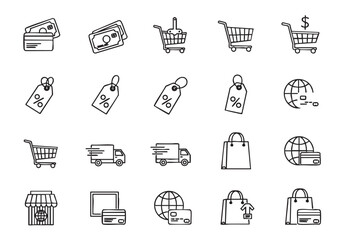 Collection of Ecommerce Line Art Icons for Online Shopping and Global Commerce Promotion and Delivery Services