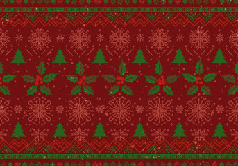A festive christmas sweater pattern with snowflakes, trees, and holly on a red background design