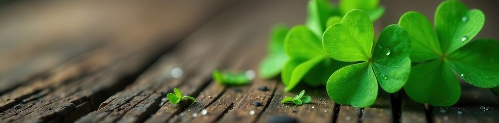 Fresh green clover leaf with dew drops on rustic wood , greenleaf, photography