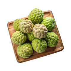 Fototapeta premium Fresh Custard Apples Displayed on a Rustic Wooden Tray, TopDown View