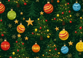 A christmas themed pattern with christmas trees, ornaments, and stars on a dark green background