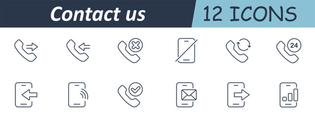 Contact us set icon. Outline icons showing phone call, missed call, voicemail, message, mobile status, call center, arrow direction, tick, cross, wave signal, email envelope