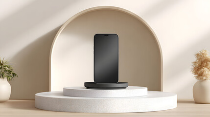 Dark Modern Product Mockup: Sleek Tech Device on White Podium with Arch Background
