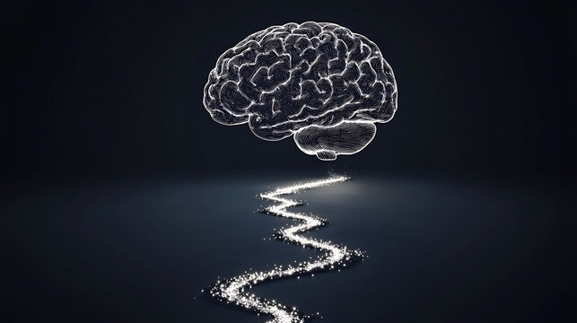 Intriguing image of a glowing, sketched brain with a sparkling path below.  Perfect for concepts related to ideas, innovation, neural pathways, or the flow of thought.