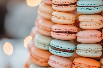 Obraz premium Colorful Macaron Tower Displaying a Delightful Assortment of French Almond Confections for Tasting