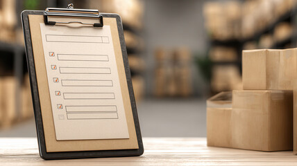 Inventory list on clipboard with SKU boxes in background