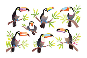 Naklejka premium Tropical Toucans: Captivating illustrations of toucans, perched among vibrant foliage, celebrating the colorful life and vibrant hues of the tropical paradise. 