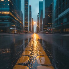 Fototapeta premium Wet City Street at Dusk with Yellow Lane Marker and Reflections of City Lights Creating a Dramatic Urban Landscape