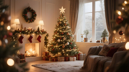 A cozy living room beautifully decorated for Christmas with a glowing Christmas tree, festive ornaments, and wrapped gifts under the tree. Warm and joyful holiday atmosphere.