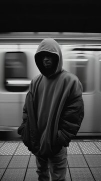 Black rapper dressed in hooded sweatshirt stands still in subway station with blurred train in background