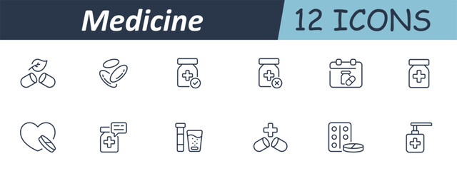 Medicine set icon. Outline icons showing pills, capsule, herbal medicine, bottle, calendar, chat, test tube, glass, dosage, liquid, sanitizer, packaging in healthcare theme