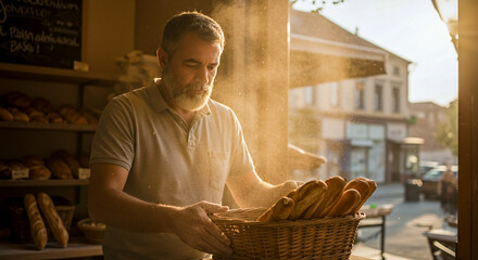 Man placing fresh bread in basket in rustic bakery setting