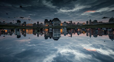 Photorealistic scene of inverted gravity city: buildings and water floating upside down above a mirrored landscape under dramatic skies.