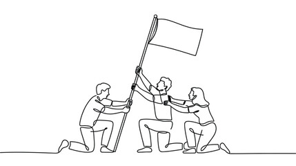 continuous single line drawing of three people raising a flag together in minimal black style, symbolizing unity, teamwork, and achievement