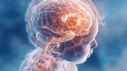 Childhood Cancer Awareness Month, medical illustration of a child's brain with highlighted brain tumor (medulloblastoma), soft pastel color palette. 