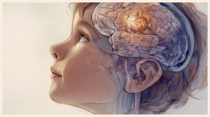Childhood Cancer Awareness Month, medical illustration of a child's brain with highlighted brain tumor (medulloblastoma), soft pastel color palette. 