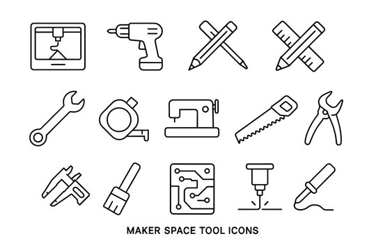 Makerspace Tools Icons Set. DIY, Craft and Workshop Equipment Vector Collection