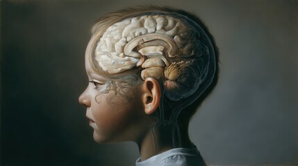 Childhood Cancer Awareness Month, medical illustration of a pediatric brain tumor, sagittal view of child&rsquo;s head, labeled brain structures, soft lighting. 