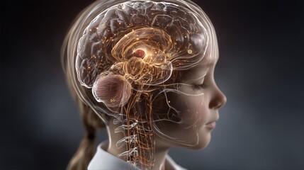 Childhood Cancer Awareness Month, medical illustration of a pediatric brain tumor, sagittal view of child’s head, labeled brain structures, soft lighting. 