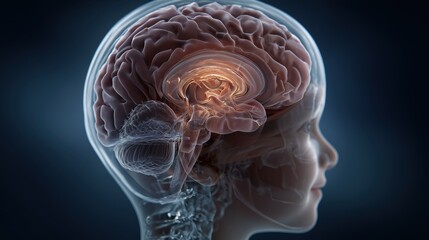 Childhood Cancer Awareness Month, medical illustration of a pediatric brain tumor, sagittal view of child’s head, labeled brain structures, soft lighting. 