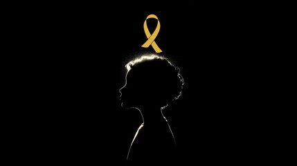 Childhood Cancer Awareness Month, silhouette of a child with a glowing gold ribbon above, dark background, minimalist design, symbolic composition for childhood cancer awareness. 