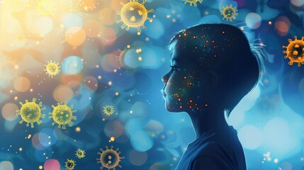 Childhood Cancer Awareness Month, medical illustration of child's silhouette with highlighted immune system and golden awareness symbols, scientific accuracy, educational healthcare art style 