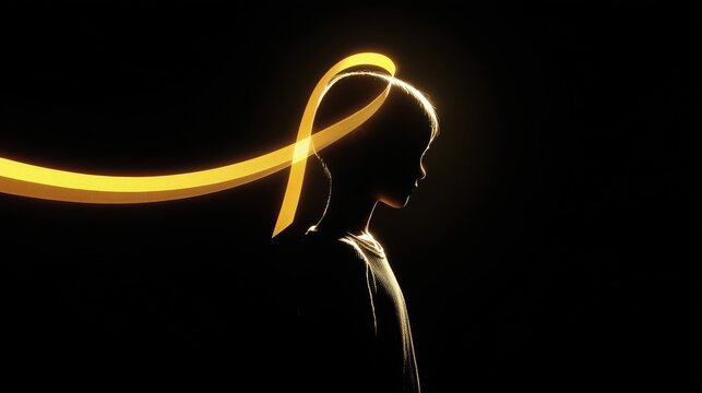 Childhood Cancer Awareness Month, silhouette of a child with a glowing gold ribbon above, dark background, minimalist design, symbolic composition for childhood cancer awareness. - Powered by Adobe