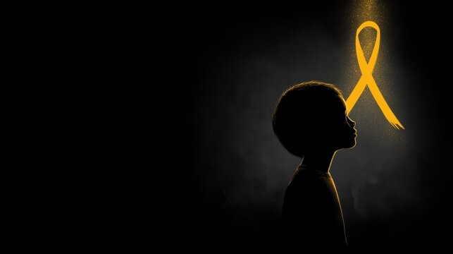 Childhood Cancer Awareness Month, silhouette of a child with a glowing gold ribbon above, dark background, minimalist design, symbolic composition for childhood cancer awareness.