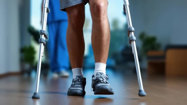 Stroke therapy session showing crutch use for walking, rehabilitation progress, injury recovery rehabilitation center environment