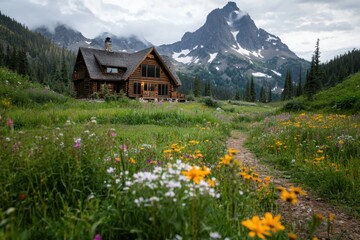 Fototapeta premium Scenic mountain lodge amidst vibrant wildflowers alpine meadow landscape photography serene environment elevated viewpoint nature’s beauty