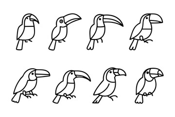 Illustrative Toucans: A collection of stylized, clean line art illustrations showcases a variety of toucans. Each unique illustration highlights the iconic toucan's bold beak and graceful form.