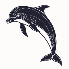 Obraz premium Blue marine dolphin vector isolated on white with swimming whales and ocean fish
