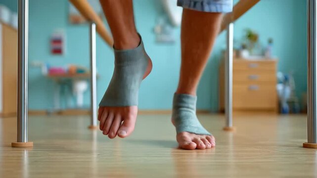 Stroke therapy session barefoot using parallel bars for rehabilitation and recovery with walking focus and ankle support bright