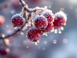 rote Winterbeeren, die von zarten Eiskristallen und Morgentau bedeckt sind