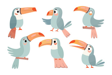Playful Toucans: A collection of delightful toucan illustrations showcase their unique beaks, bright colors, and cheerful personalities in various poses. 
