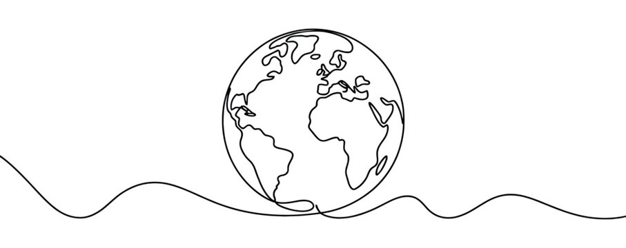 continuous single line drawing of earth with flowing path beneath, highlighting global unity, movement, and minimal artistic representation - Powered by Adobe