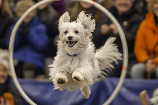 Energetic white dog jumping through hoop at agility show