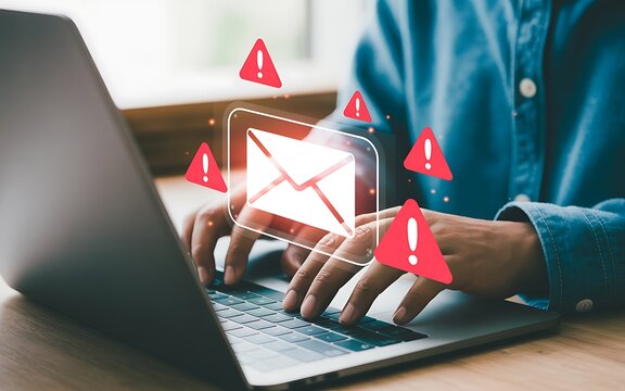 Person typing on laptop with digital envelope and red warning signs computer hands