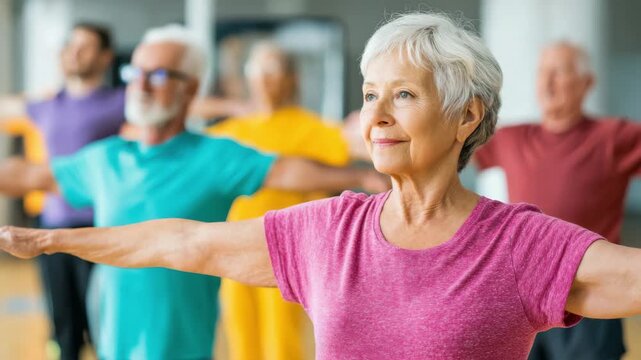 Elderly woman participating therapy session with group exercise after stroke recovery for physical and mental wellness and health