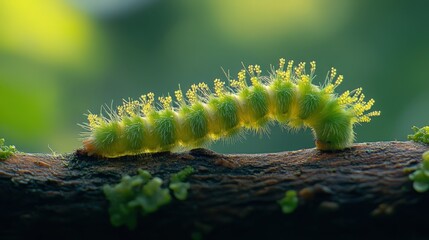 Naklejka premium Close-up of a vibrant caterpillar on a tree branch