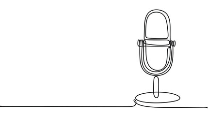 continuous single line drawing of a classic microphone on stand in minimal black style, symbolizing audio, music, podcasting, and broadcasting