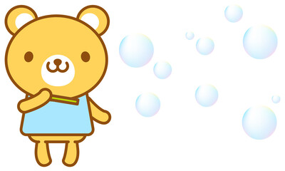 シャボン玉をしている熊のイラスト、ラインアート、線画