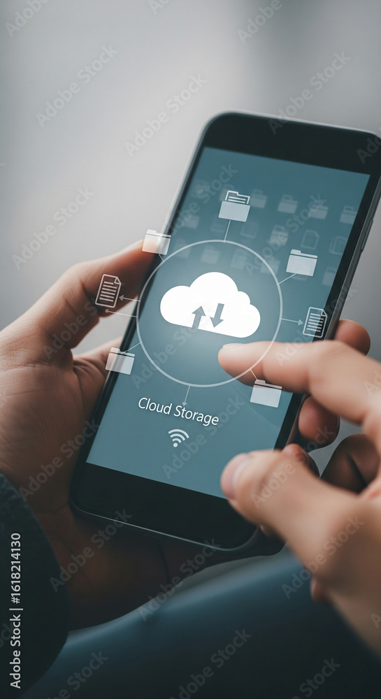 Wall mural close-up of hand using smartphone, displaying cloud storage interface, symbolizing data access and d